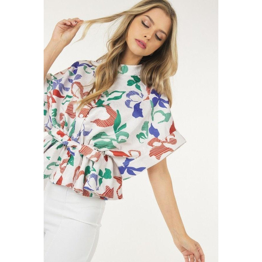 Floral Print Short Sleeve Top With Waist Tie-NXTLVLNYC