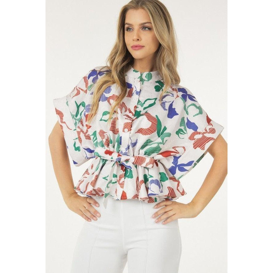 Floral Print Short Sleeve Top With Waist Tie-NXTLVLNYC