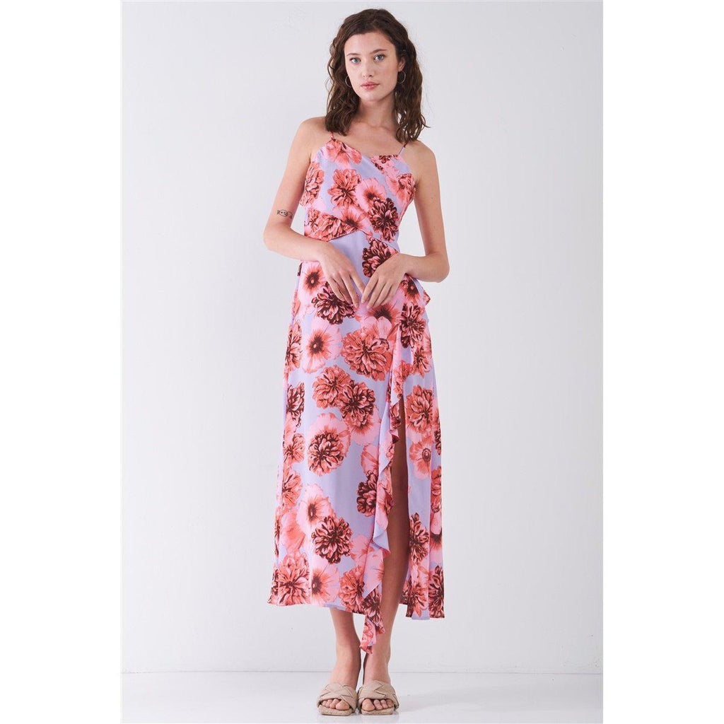 Floral Print Sleeveless Self-tie Wide Wrap Front Ruffle Hem Side Slit Detail Midi Dress-Clothing Dresses-NXTLVLNYC