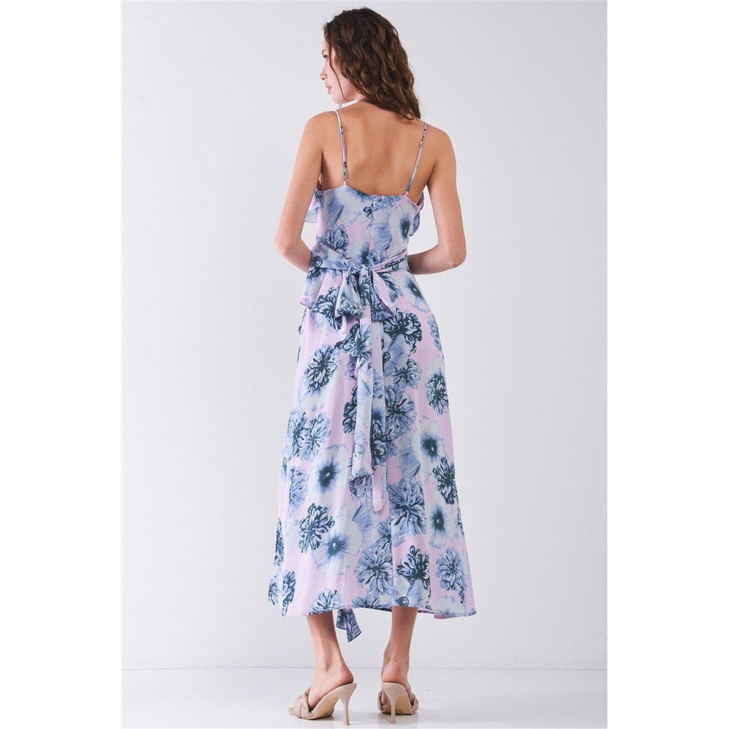 Floral Print Sleeveless Self-tie Wide Wrap Front Ruffle Hem Side Slit Detail Midi Dress-Dresses-NXTLVLNYC