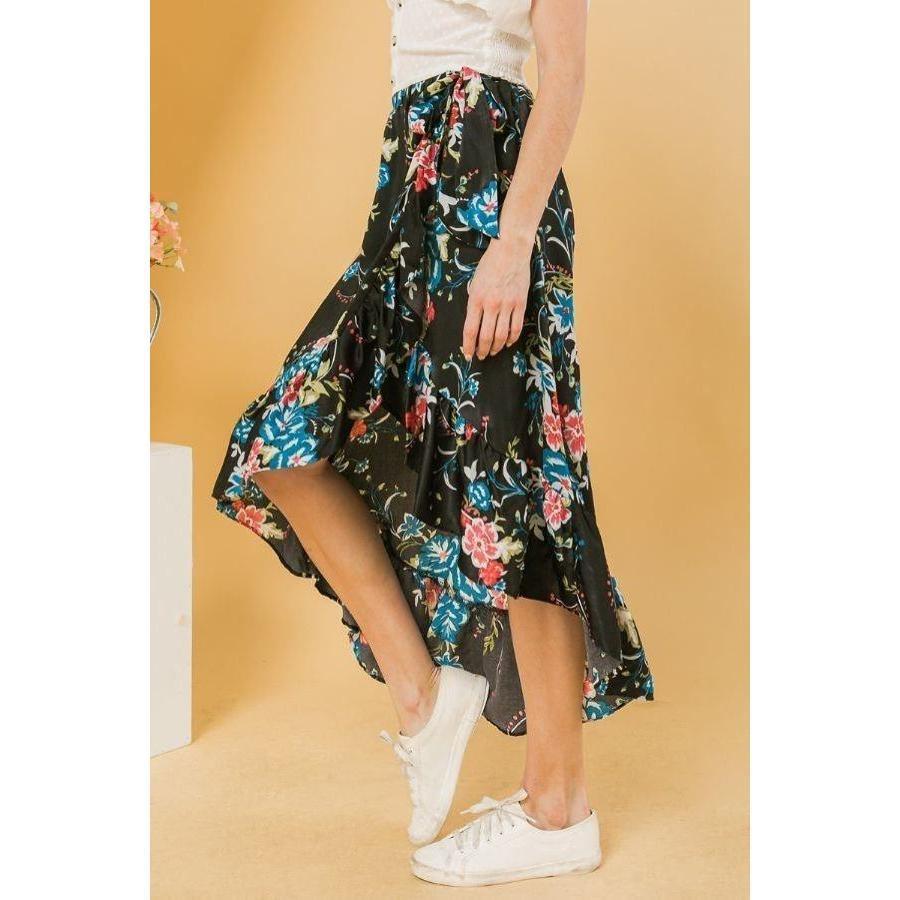 Floral Ruffle Skirt With Trim High Low.-NXTLVLNYC