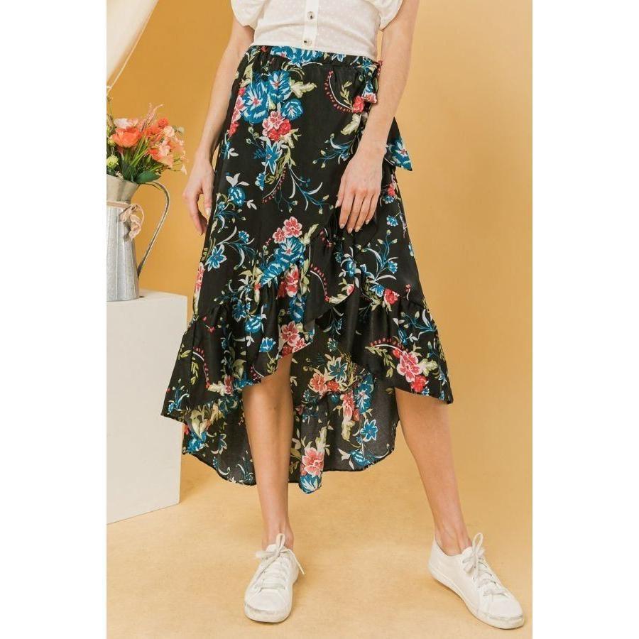 Floral Ruffle Skirt With Trim High Low.-NXTLVLNYC