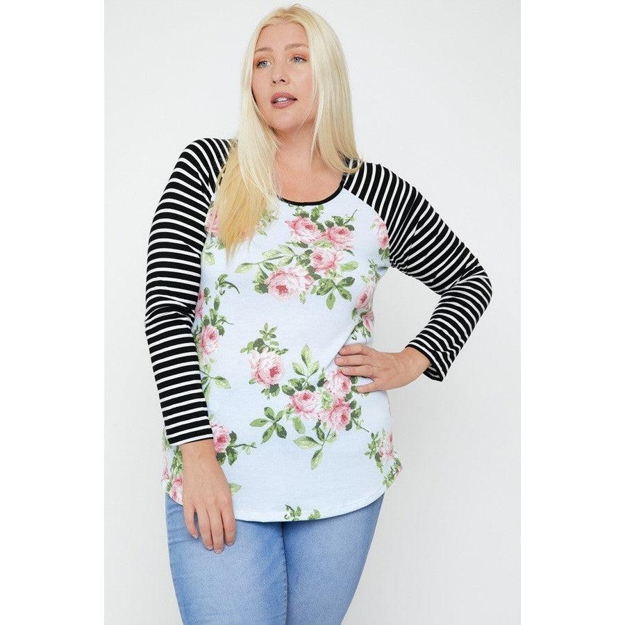 Floral Top Featuring Raglan Style Striped Sleeves And A Round Neck-NXTLVLNYC