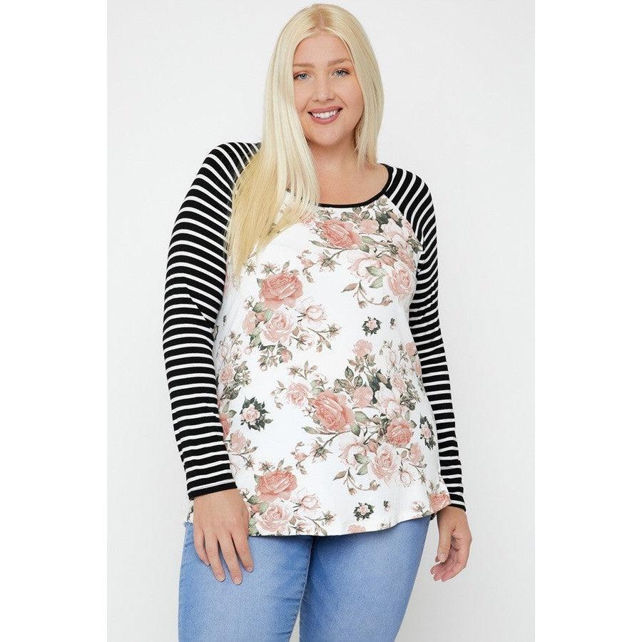 Floral Top Featuring Raglan Style Striped Sleeves And A Round Neck-NXTLVLNYC