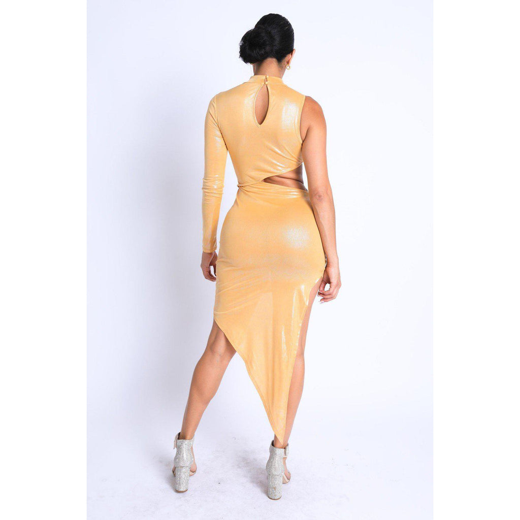 Foil Asymmetric Sleeve And Cut Out Midi Dress-Dresses-NXTLVLNYC