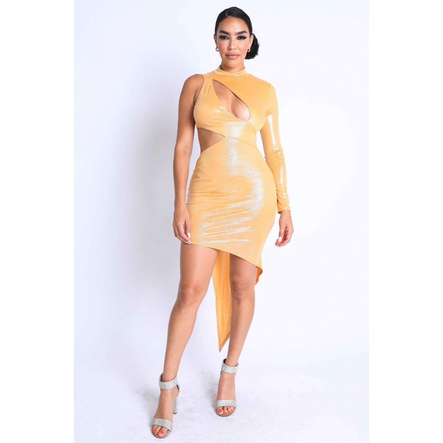 Foil Asymmetric Sleeve And Cut Out Midi Dress-Dresses-NXTLVLNYC