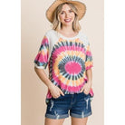 French Terry Tie Dye Printed Casual Mini Bubble Sleeves Tunic Top-NXTLVLNYC