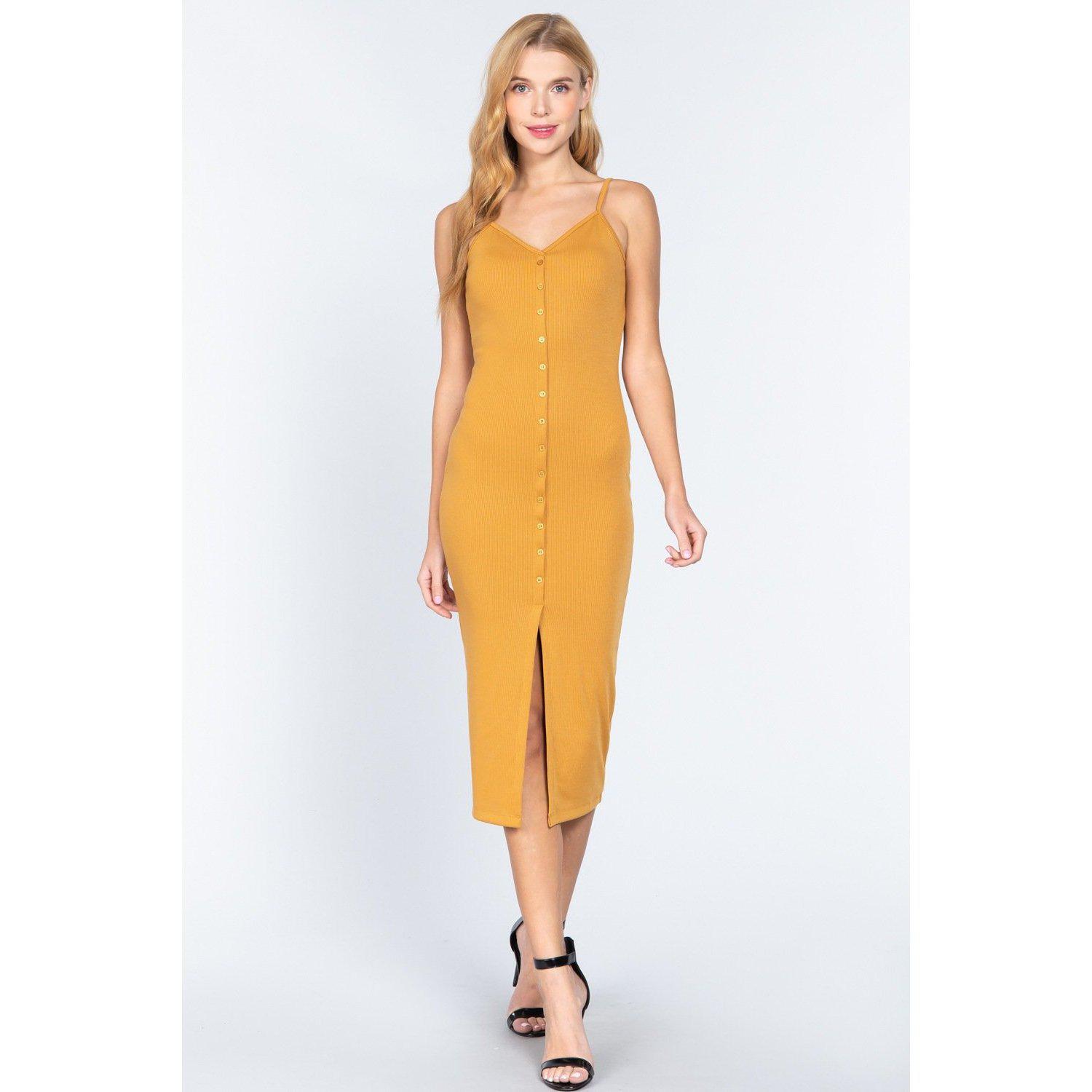 Fron Button Slit Rib Cami Midi Dress-Dresses-NXTLVLNYC