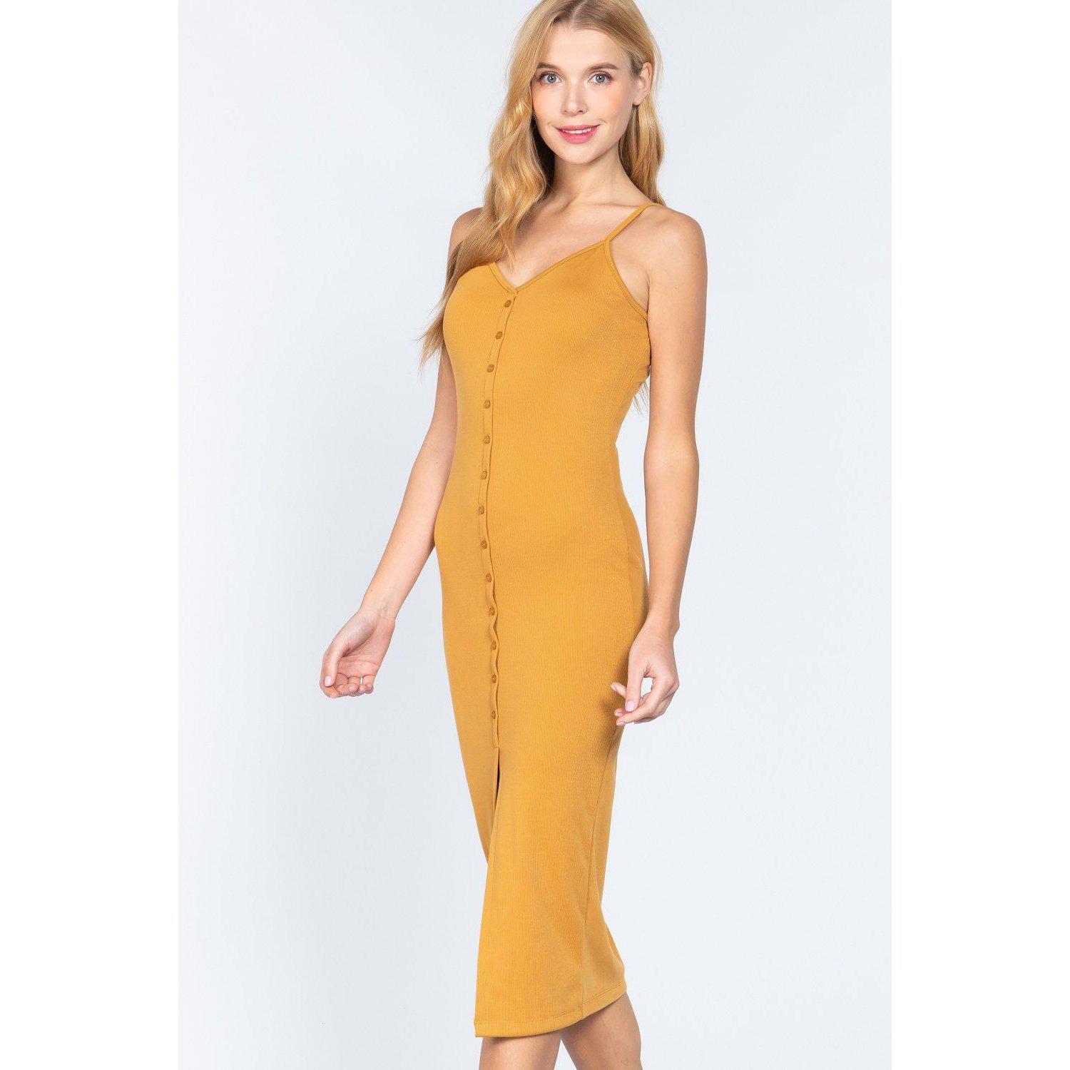 Fron Button Slit Rib Cami Midi Dress-Dresses-NXTLVLNYC