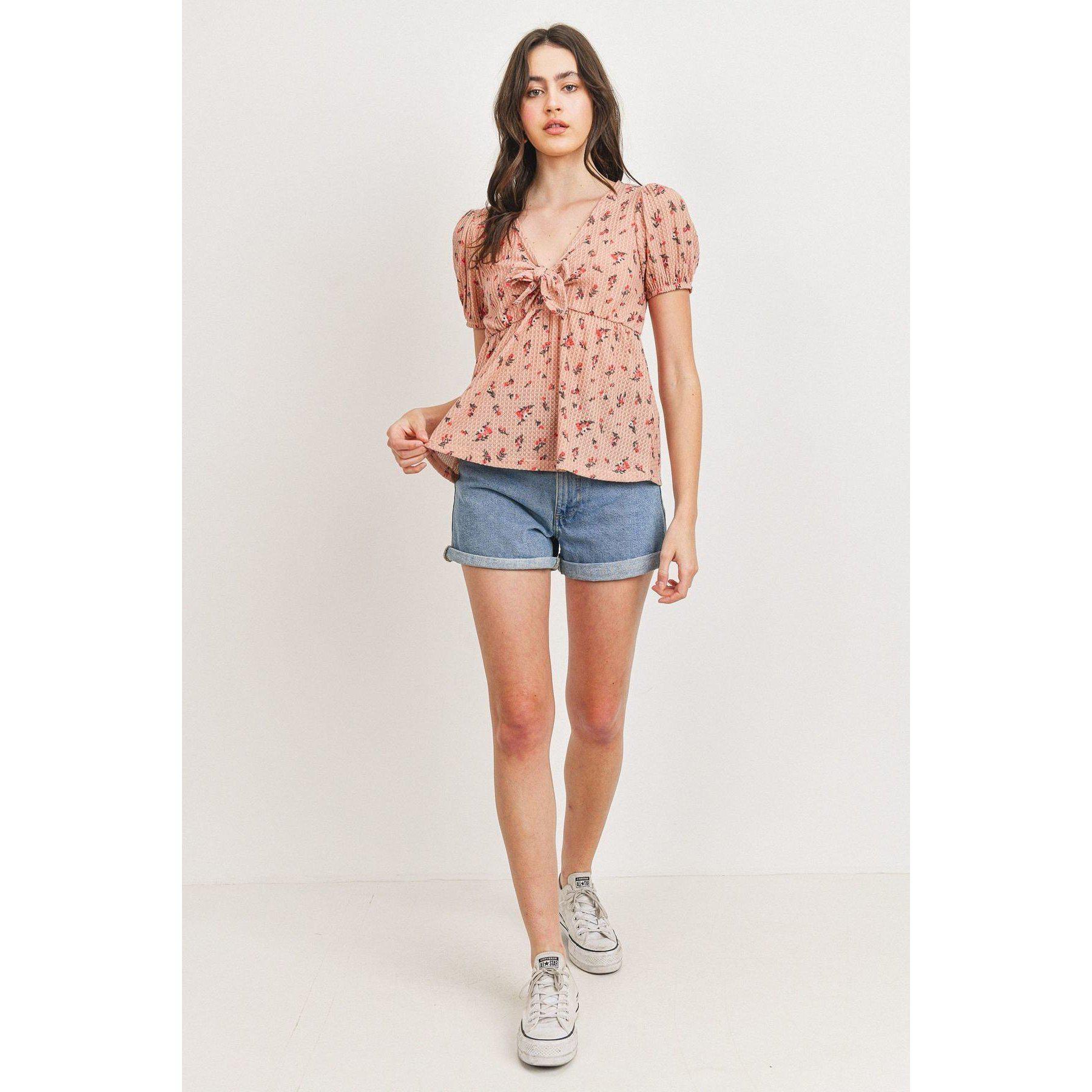 Front Tie Floral Waffle Top-Clothing Tops-NXTLVLNYC