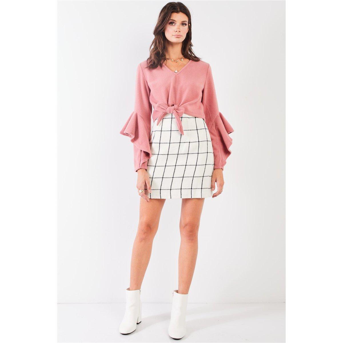 Fuzzy long ruffle sleeve v-neck self-tie front detail cropped top-Clothing Tops-NXTLVLNYC