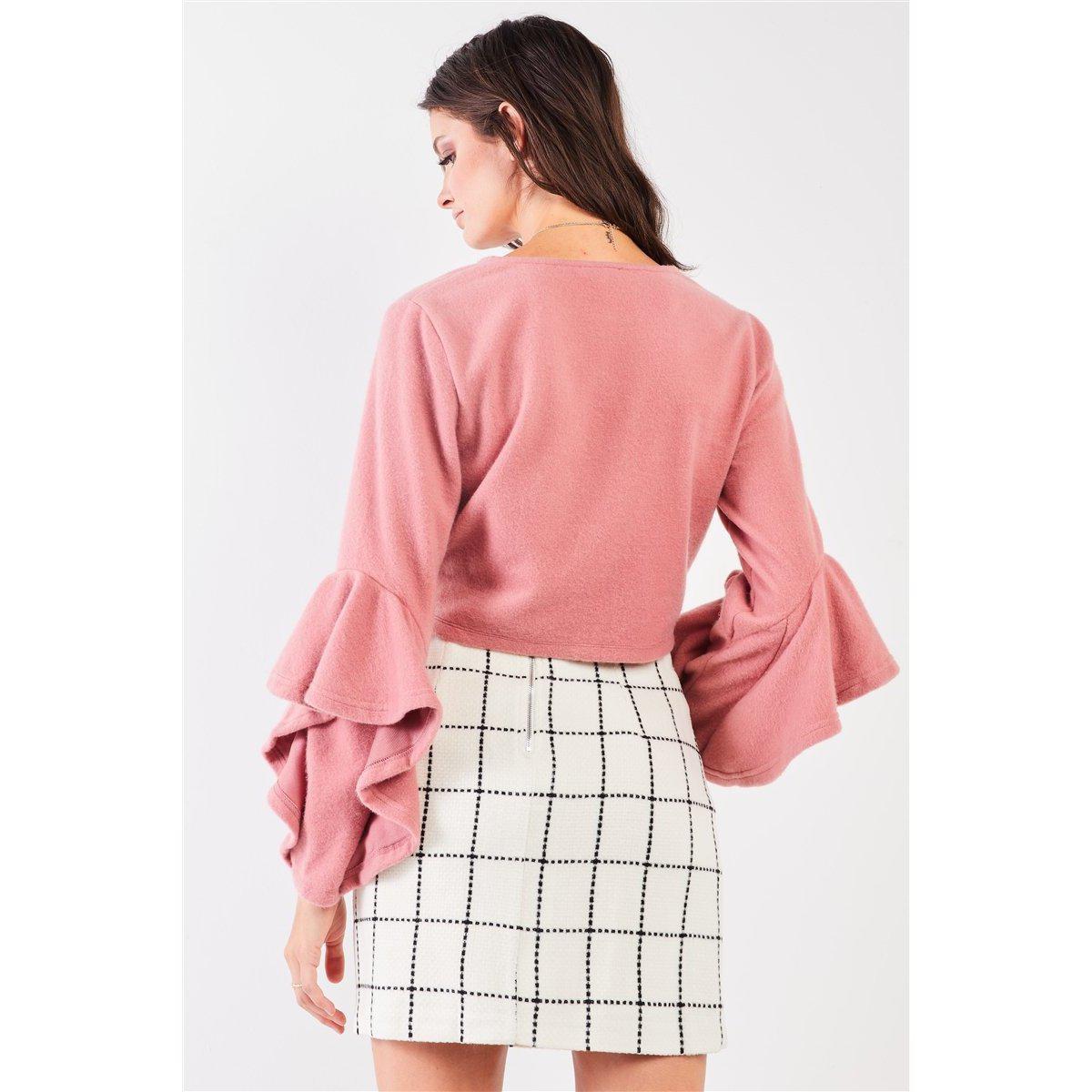 Fuzzy long ruffle sleeve v-neck self-tie front detail cropped top-Clothing Tops-NXTLVLNYC