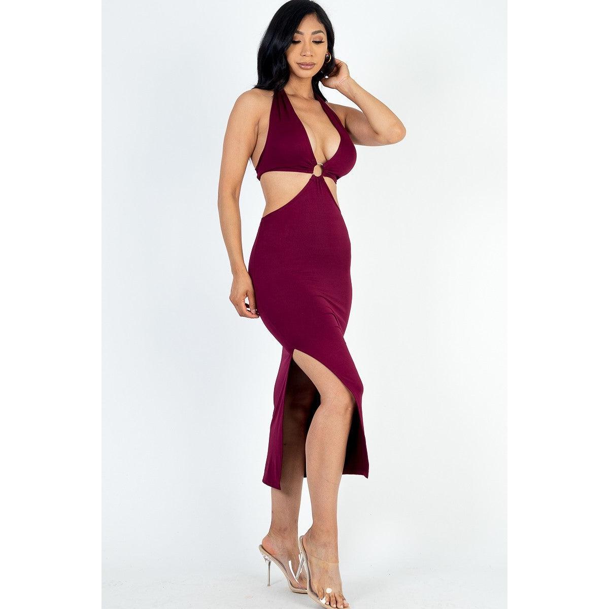 Cut-out Halter Neck Double Back Tie Split Thigh Midi Dress-NXTLVLNYC