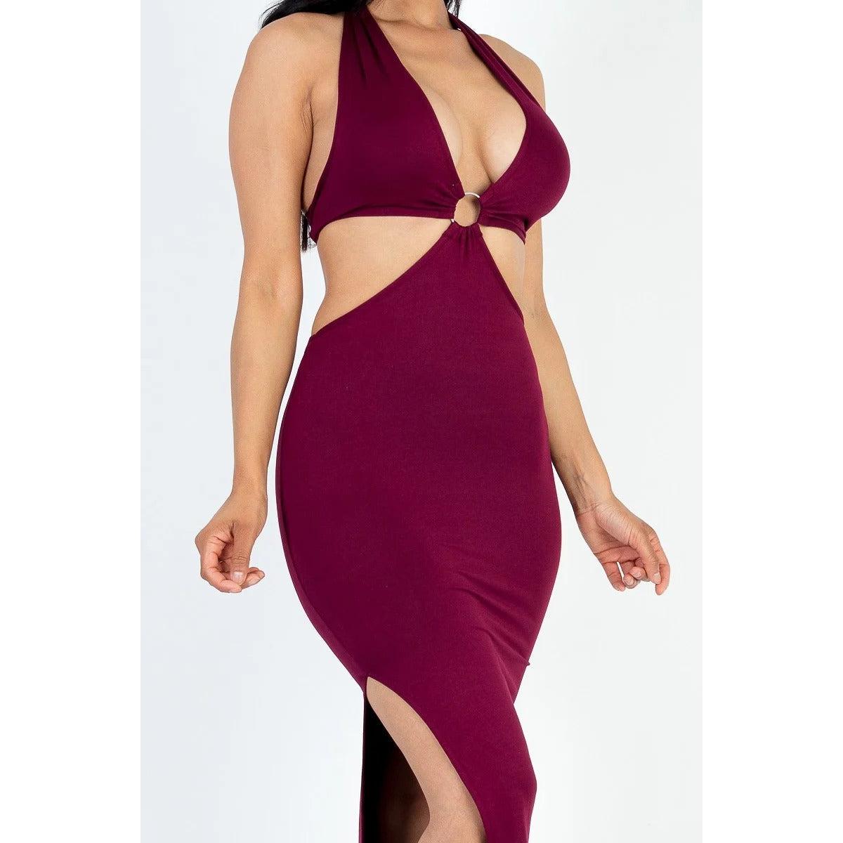 Cut-out Halter Neck Double Back Tie Split Thigh Midi Dress-NXTLVLNYC