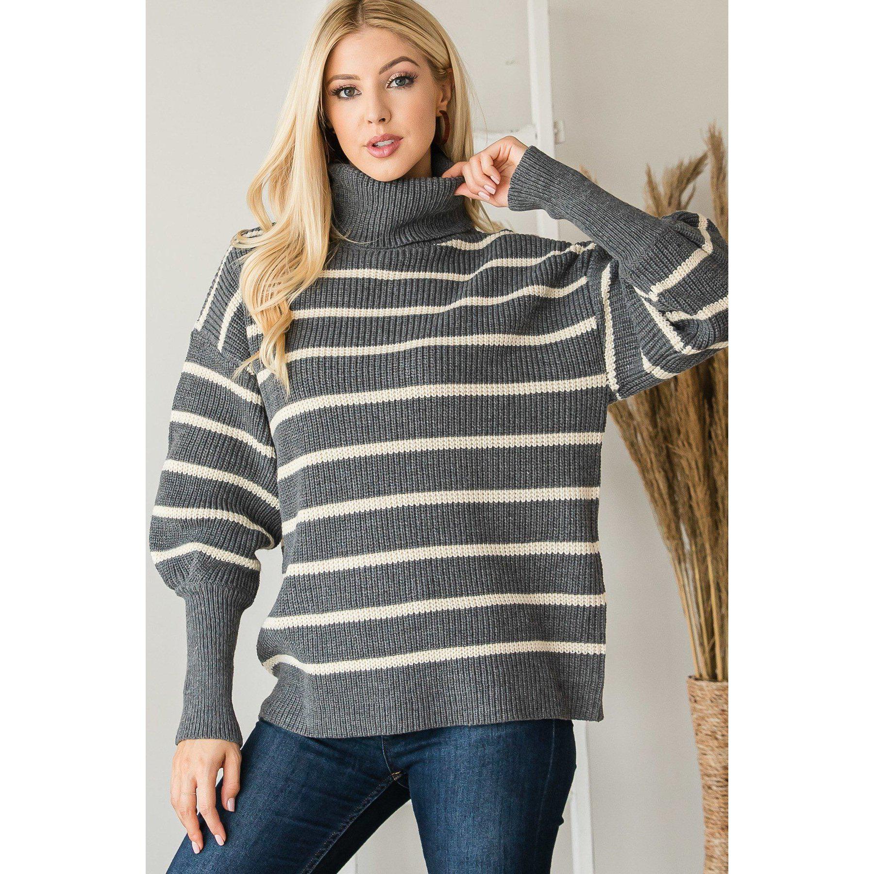 Heavy Knit Striped Turtle Neck Knit Sweater-Clothing Sweaters-NXTLVLNYC