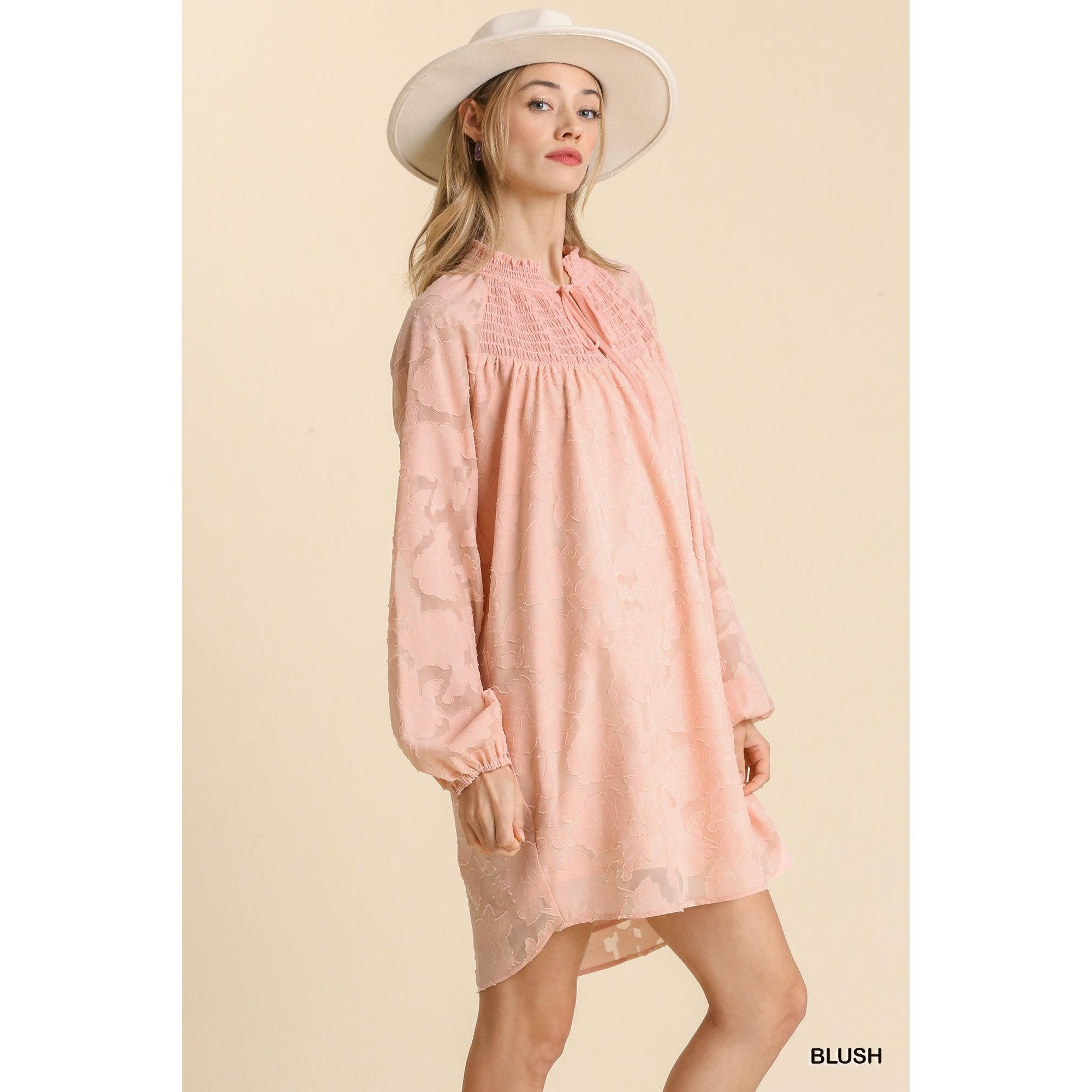 Jacquard Raglan Smocked Tie Neck Yoke Dress-NXTLVLNYC