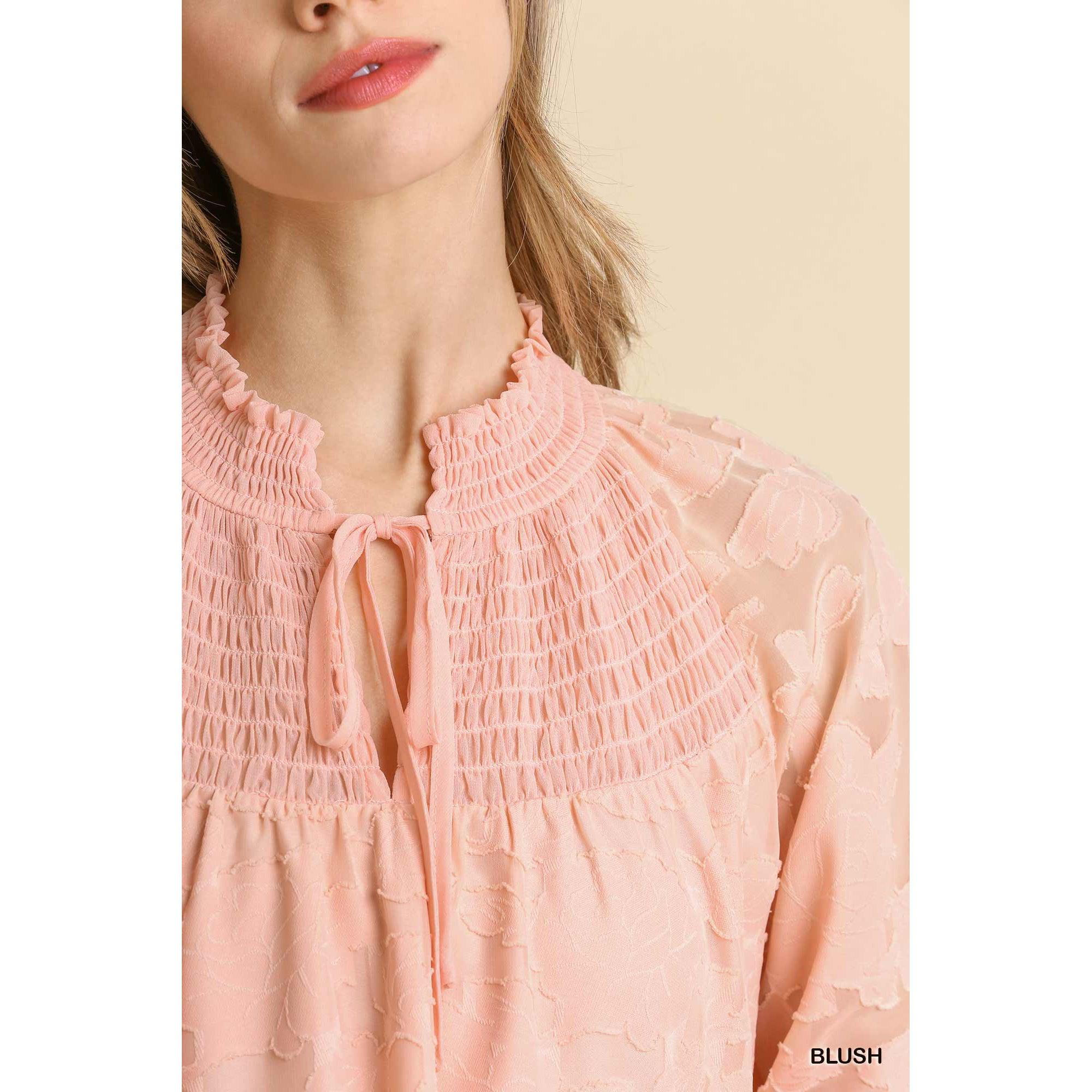 Jacquard Raglan Smocked Tie Neck Yoke Dress-NXTLVLNYC