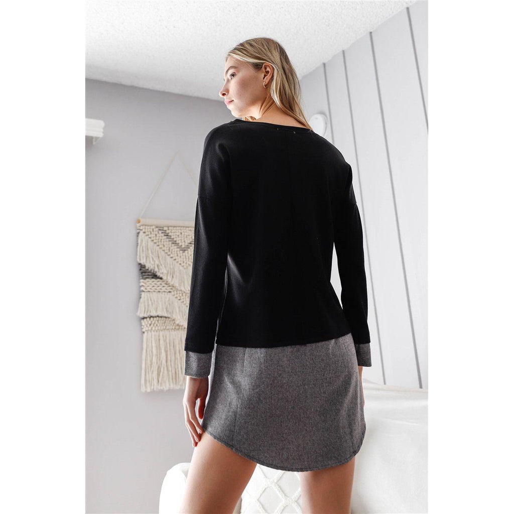 Knit Combo Long Sleeve Sweater Dress-NXTLVLNYC