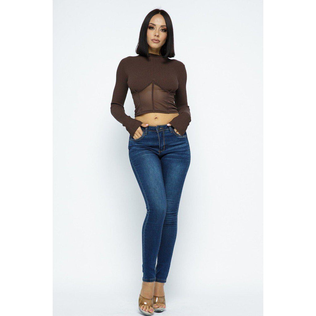 Knit Crop Top With Bottom Mesh-Clothing Tops-NXTLVLNYC