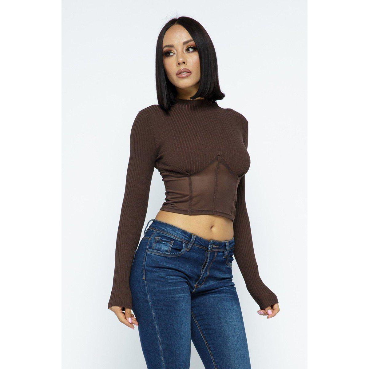 Knit Crop Top With Bottom Mesh-Clothing Tops-NXTLVLNYC
