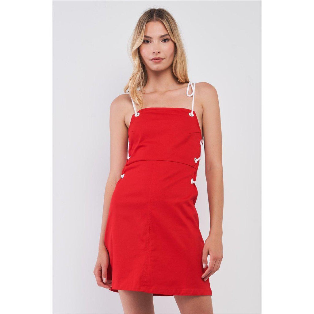 Lace-up Straps Sleeveless Square Neck Fitted Mini Dress-Clothing Dresses-NXTLVLNYC