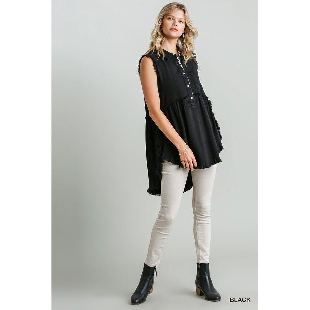 Linen Blend Sleeveless Animal Print Detail Button Front Tunic With Frayed Round Hems-NXTLVLNYC