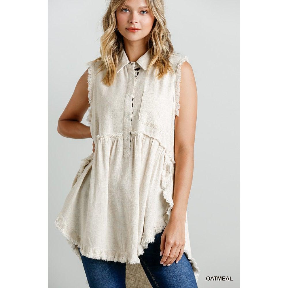 Linen Blend Sleeveless Animal Print Detail Button Front Tunic With Frayed Round Hems-NXTLVLNYC