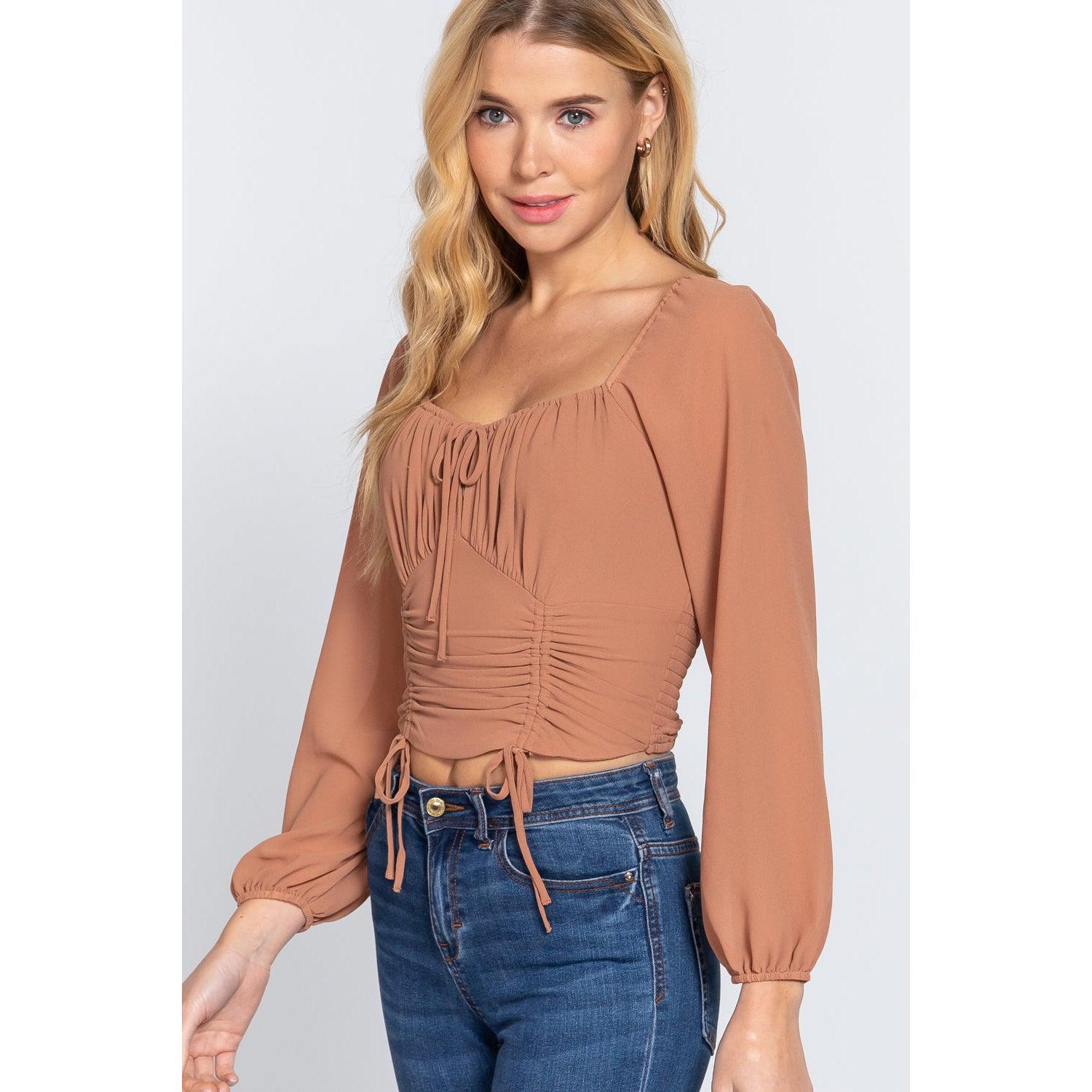 Long Sleeve Front Tied Ruched Detail Woven Top-Shirts & Tops-NXTLVLNYC