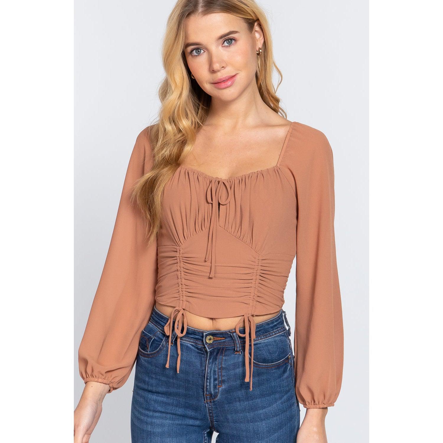 Long Sleeve Front Tied Ruched Detail Woven Top-Shirts & Tops-NXTLVLNYC