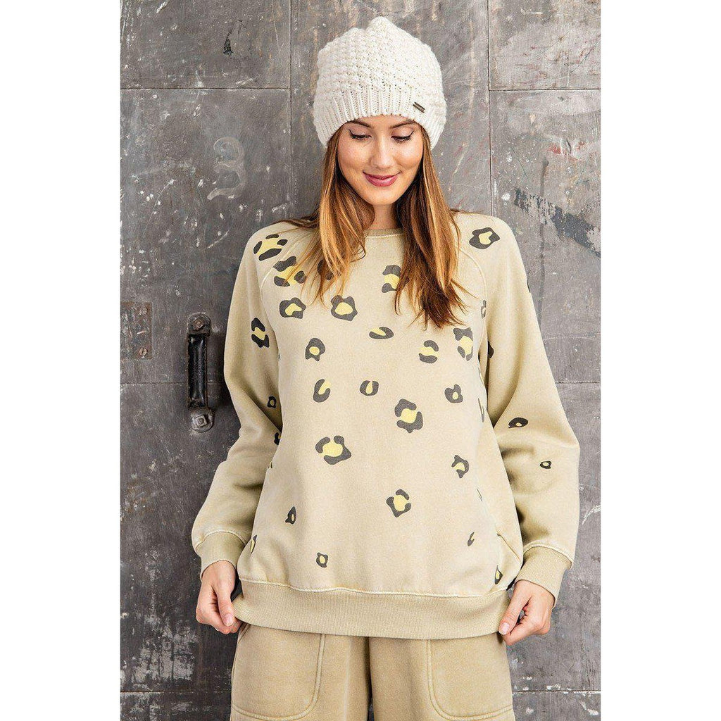 Long Sleeve Leopard Print Washed Terry Sweatshirt-Clothing Tops-NXTLVLNYC
