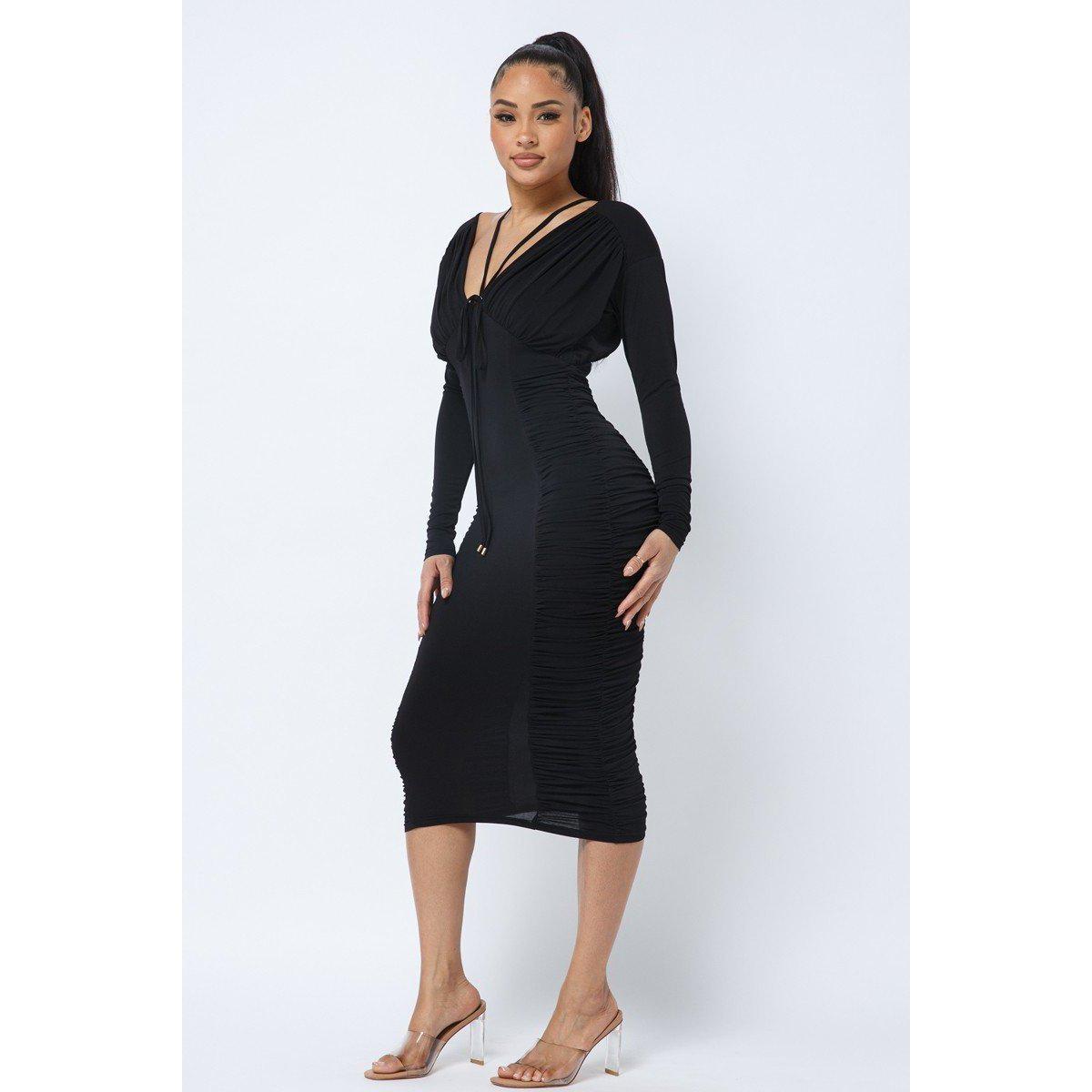 Long Sleeve Midi Dress With Low V Neck Front And Back With Ruching On Sides And Chest-NXTLVLNYC