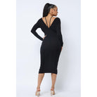 Long Sleeve Midi Dress With Low V Neck Front And Back With Ruching On Sides And Chest-NXTLVLNYC