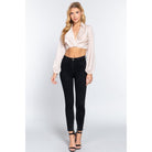 Long Sleeve Notched Collar Front Twisted Detail Crop Woven Top-Shirts & Tops-NXTLVLNYC