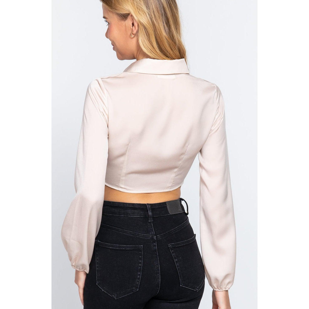 Long Sleeve Notched Collar Front Twisted Detail Crop Woven Top-Shirts & Tops-NXTLVLNYC