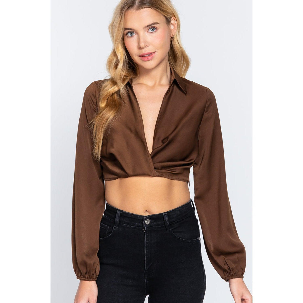 Long Sleeve Notched Collar Front Twisted Detail Crop Woven Top-Shirts & Tops-NXTLVLNYC