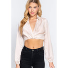 Long Sleeve Notched Collar Front Twisted Detail Crop Woven Top-Shirts & Tops-NXTLVLNYC