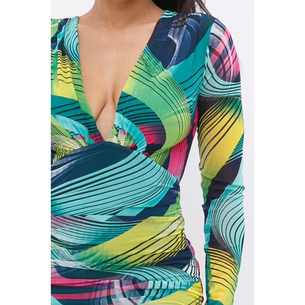 Long Sleeve Printed V-neck Dress-Dresses-NXTLVLNYC