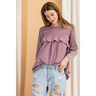 Long Sleeve Ruffled Detailing Oil Washed Knit Tunic-Clothing Tops-NXTLVLNYC