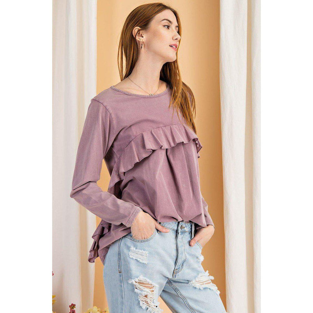 Long Sleeve Ruffled Detailing Oil Washed Knit Tunic-Clothing Tops-NXTLVLNYC