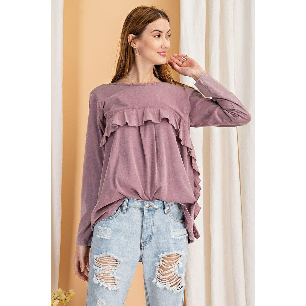 Long Sleeve Ruffled Detailing Oil Washed Knit Tunic-Clothing Tops-NXTLVLNYC