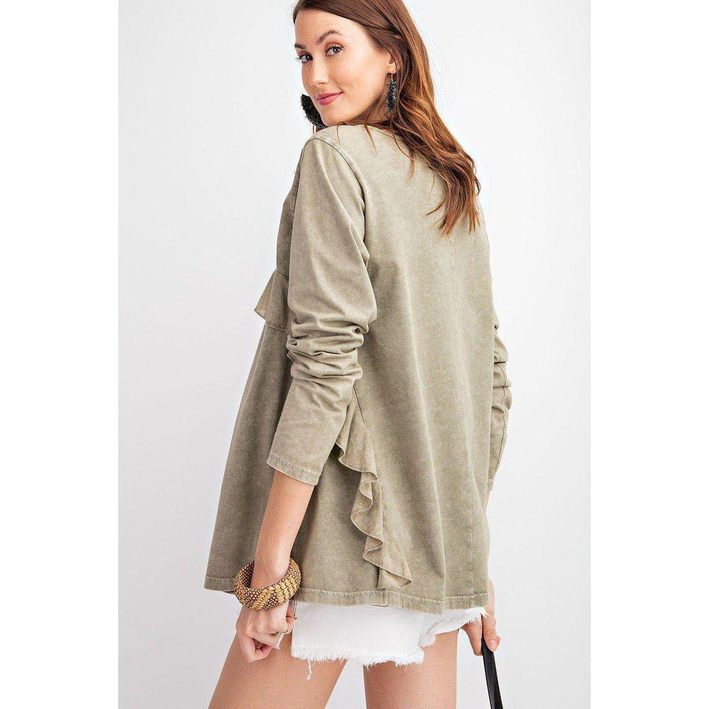 Long Sleeve Ruffled Detailing Oil Washed Knit Tunic-Women - Apparel - Activewear - Tops-NXTLVLNYC
