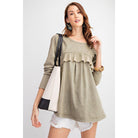 Long Sleeve Ruffled Detailing Oil Washed Knit Tunic-Women - Apparel - Activewear - Tops-NXTLVLNYC