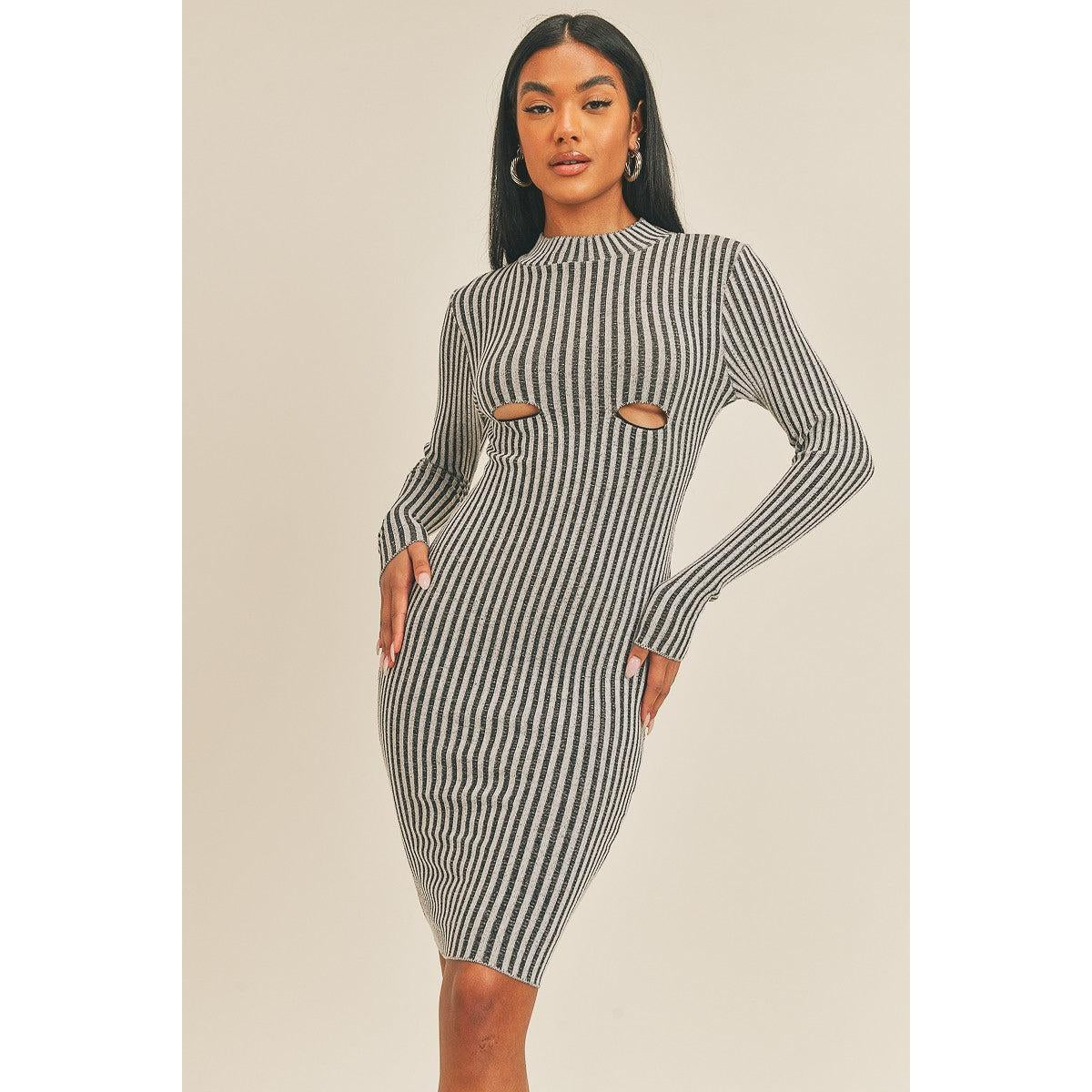 Long Sleeve Stripe Print Midi Dress-NXTLVLNYC