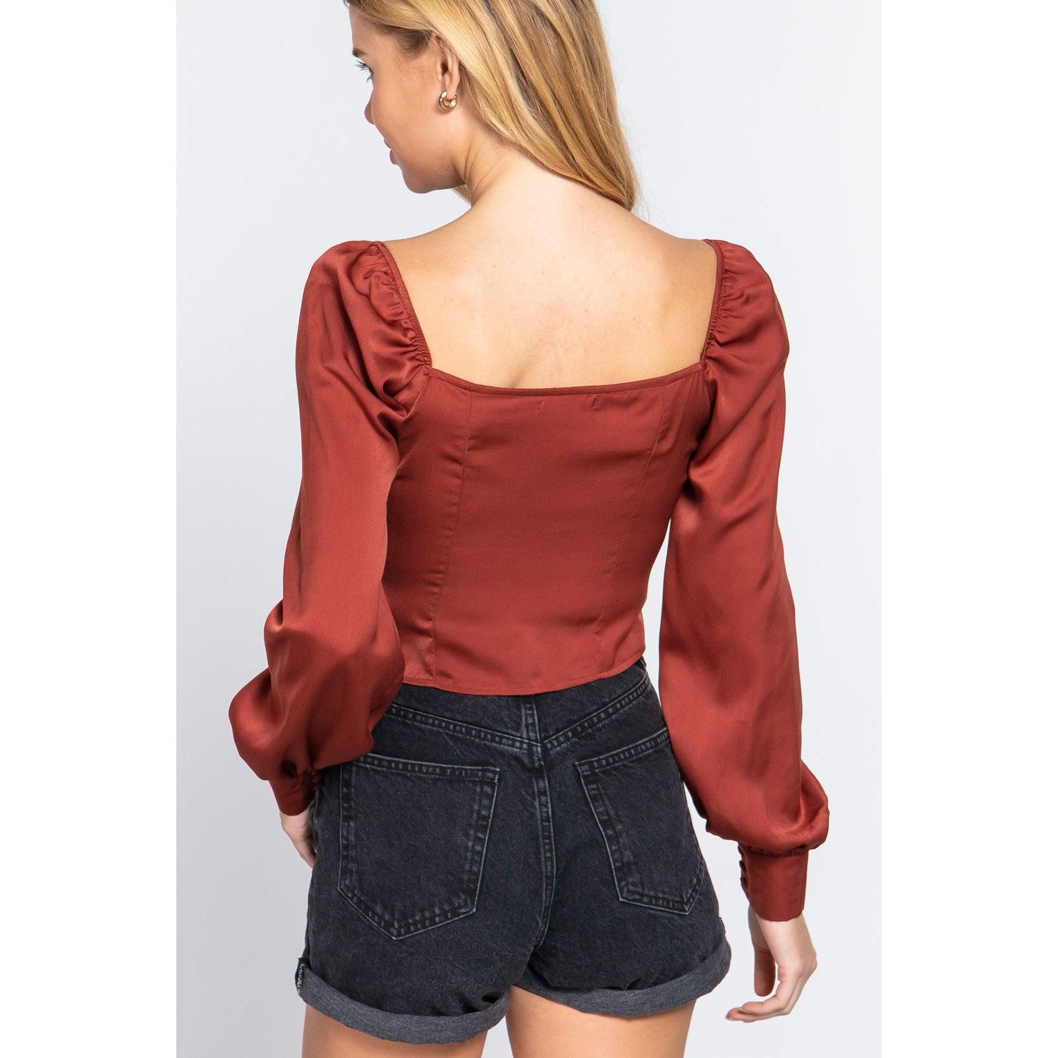 Long Sleeve Sweetheart Neck Front Ribbon Tie Detail Woven Top-Shirts & Tops-NXTLVLNYC