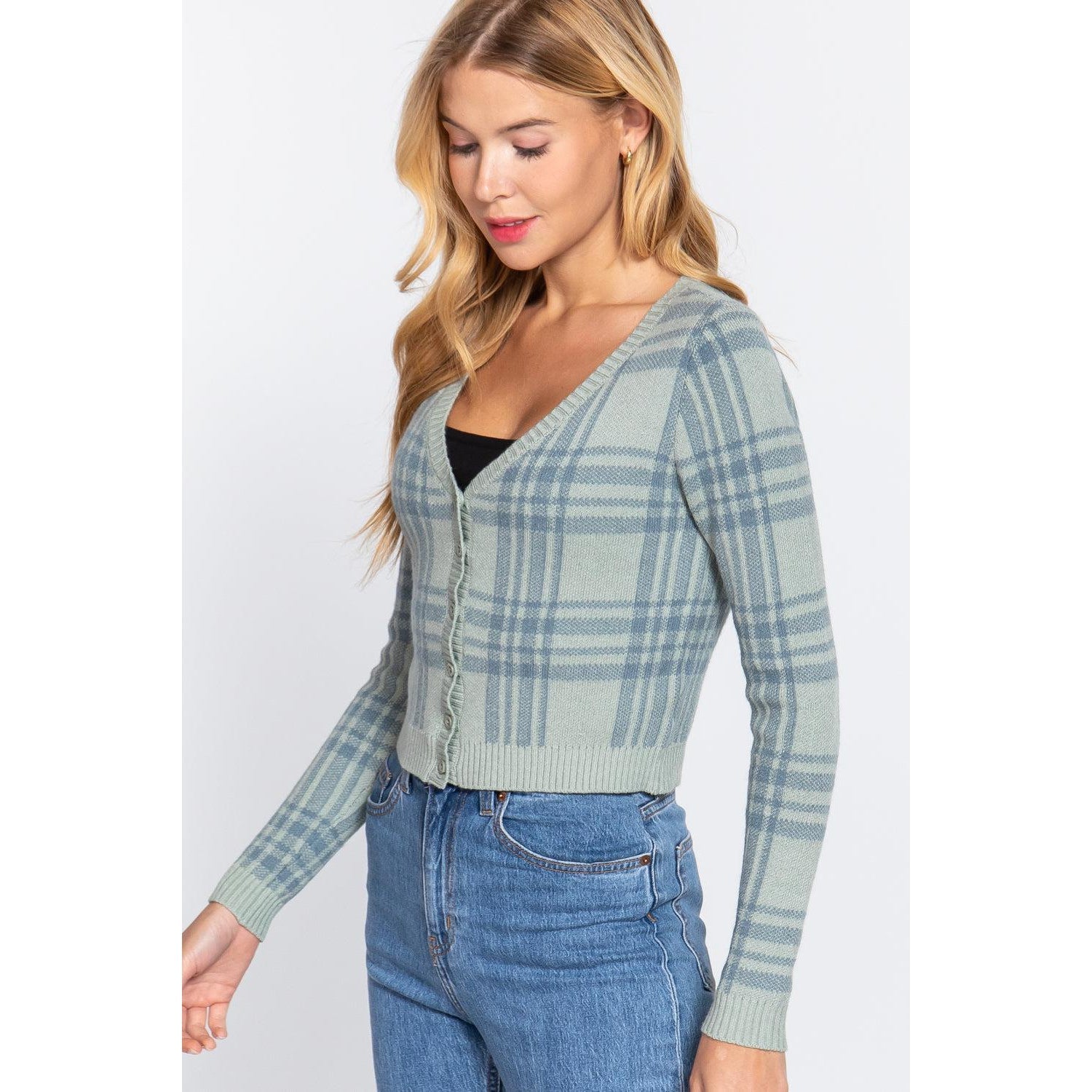 Long Sleeve V-neck Fitted Button Down Plaid Sweater Cardigan-NXTLVLNYC