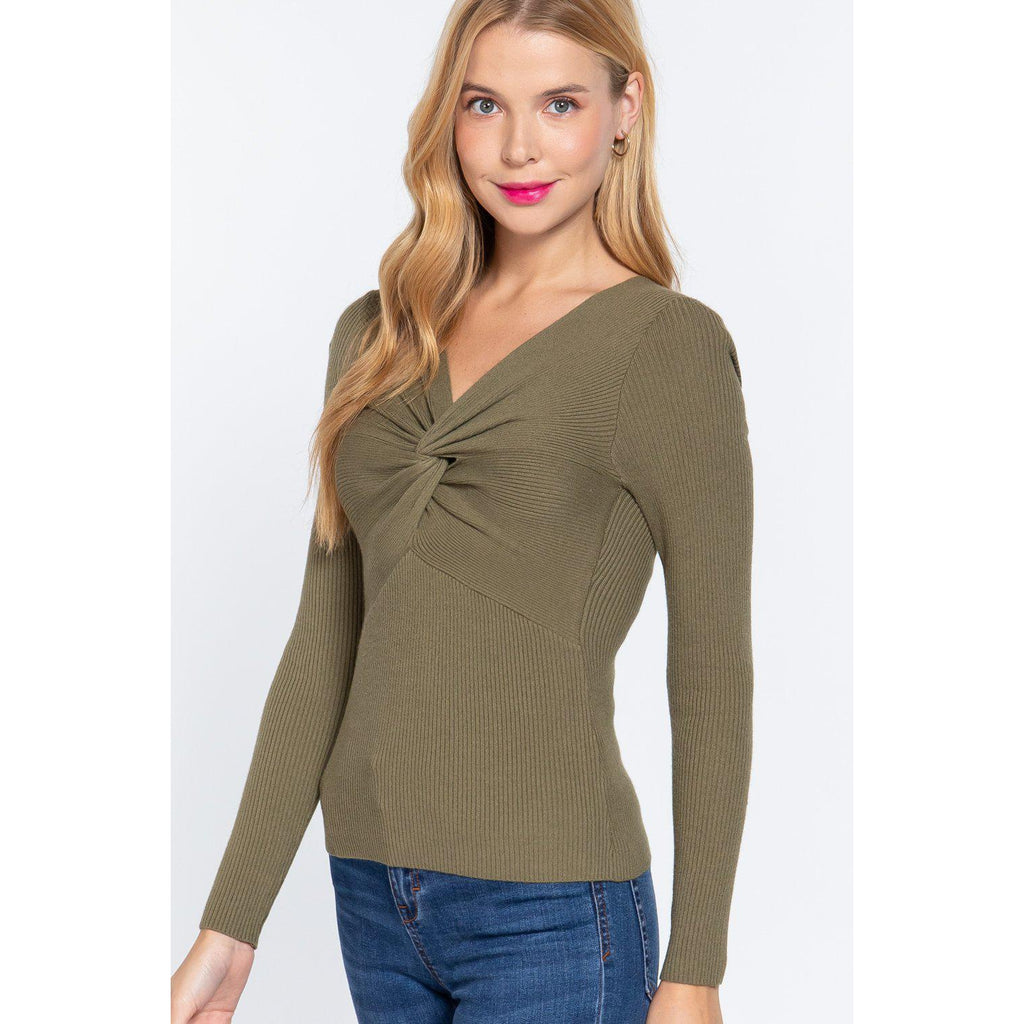 Long Slv V-neck Knotted Sweater-Clothing Tops-NXTLVLNYC