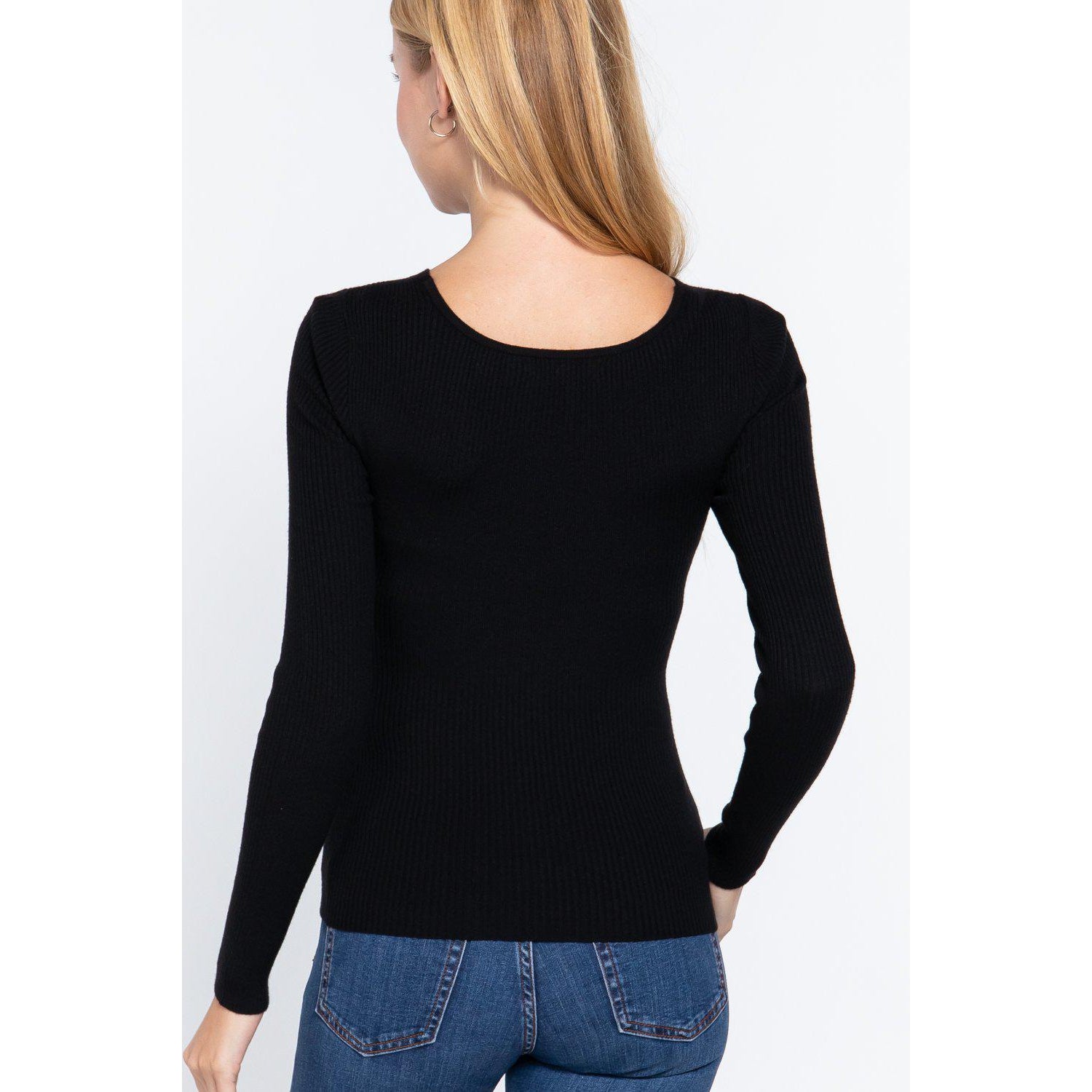 Long Slv V-neck Knotted Sweater-Clothing Tops-NXTLVLNYC