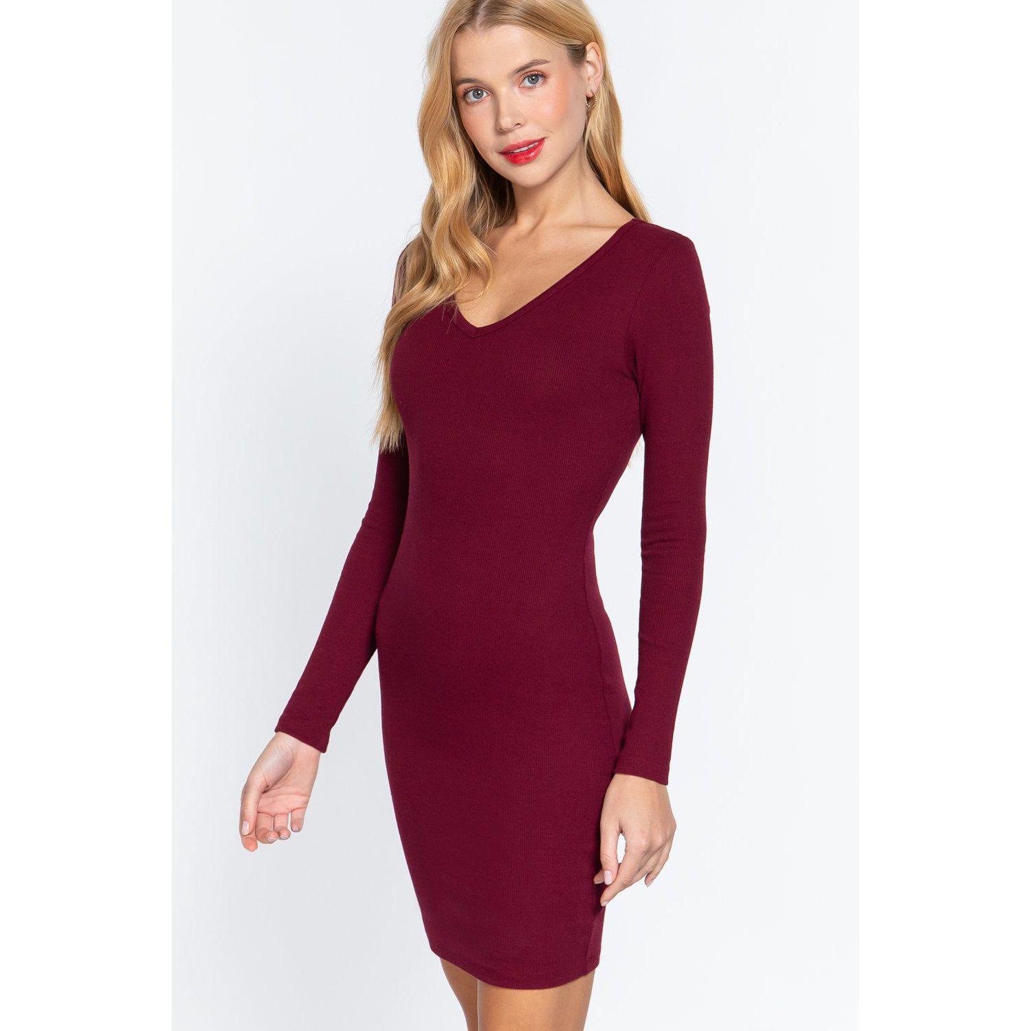 Long Slv V-neck Mini Rib Dress-NXTLVLNYC