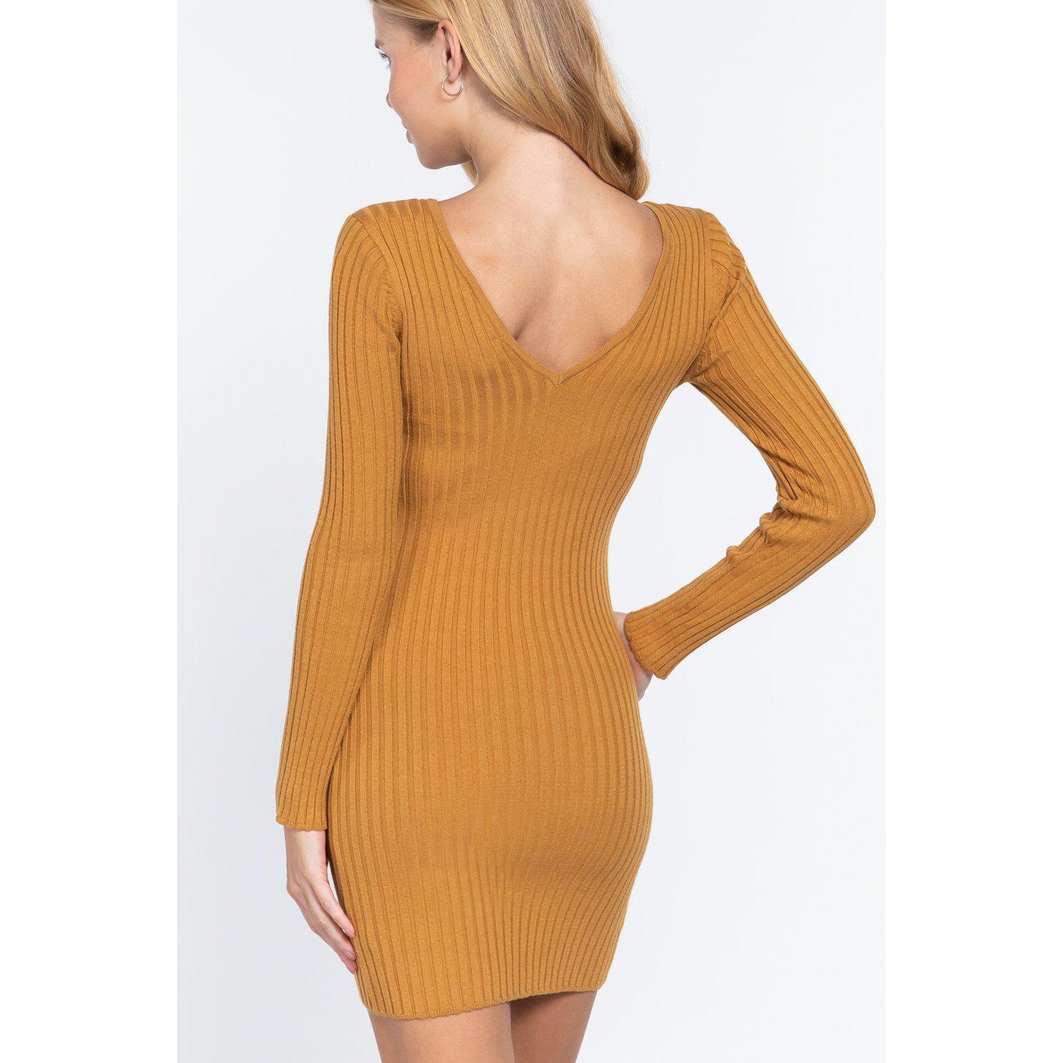 Long Slv V-neck Sweater Mini Dress-Dresses-NXTLVLNYC
