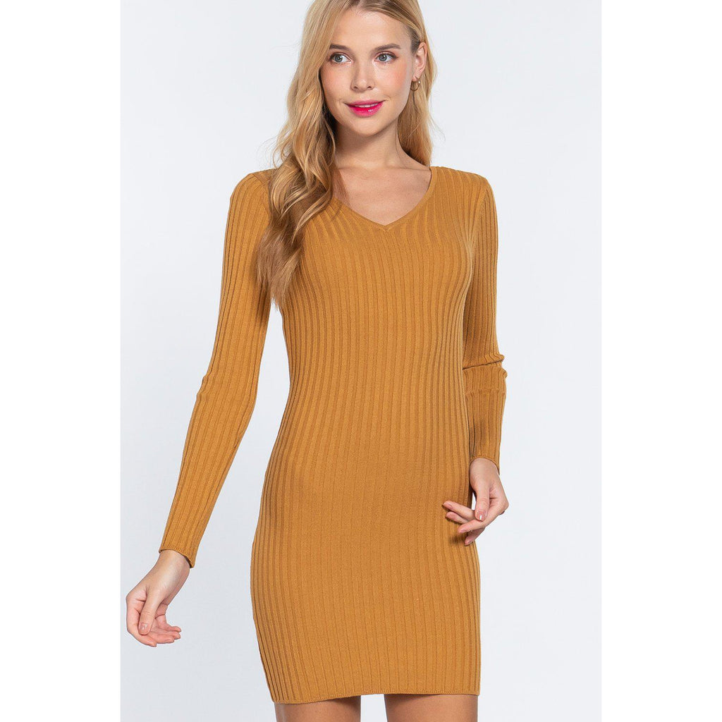 Long Slv V-neck Sweater Mini Dress-Dresses-NXTLVLNYC